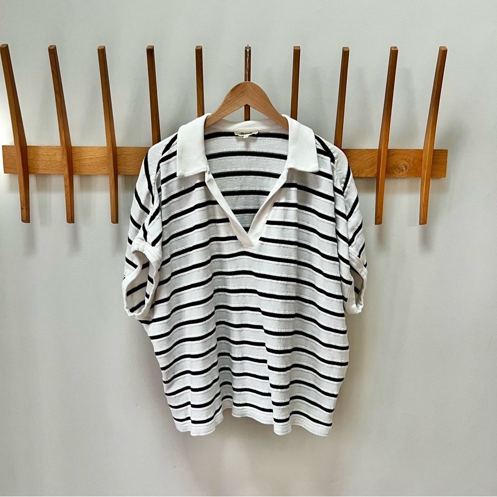 Madewell Black and White Striped Top Relaxed Polo